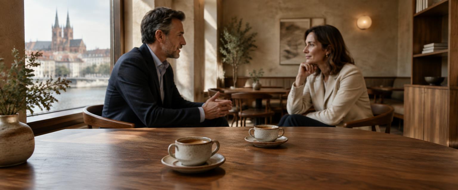 Zwei Menschen im vertraulichen Gespräch bei Kaffee